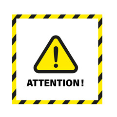 Attention please! Warning on a bright yellow banner. Design with attention to poster or sign on white isolated background. Vector illustration