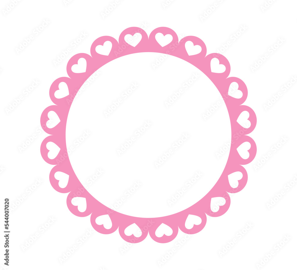 Wall mural Circle scalloped frame with hearts. Scalloped edge round shape. Simple label sticker form. Flower silhouette lace frame. Cute vintage frill ornament. Vector illustration isolated on white background.