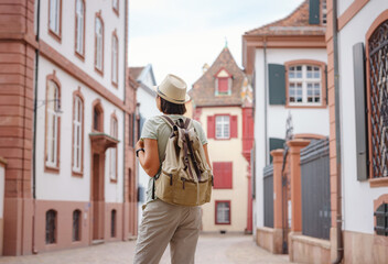 travel to summer Europe young asian woman. Woman having a great vacation in Switzerland, Basel....
