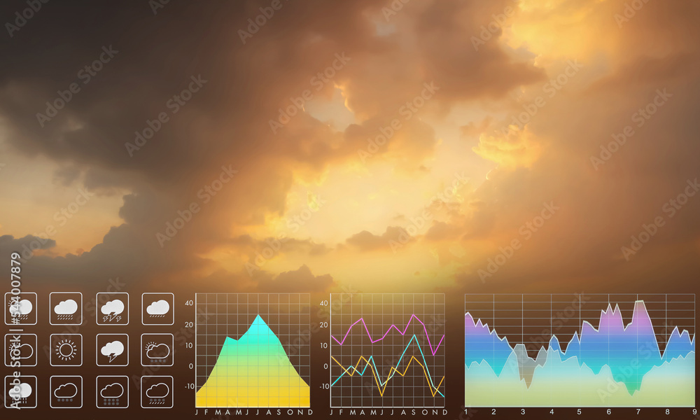 Wall mural weather forecast symbol data presentation with graph and chart on dramatic atmosphere panorama view 