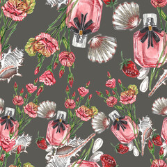 seamless pattern, illustration of perfume bottle and flowers, composition