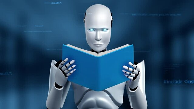 Futuristic robot artificial intelligence huminoid AI programming coding technology development and machine learning concept. Robotic bionic science research for future of human life. 3D rendering.