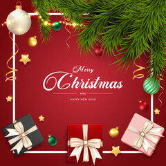 Merry Christmas and Happy New Year Promotion Poster or banner with red gift box

