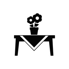 Table with table cloth and vase flower icon in black flat glyph, filled style isolated on white background