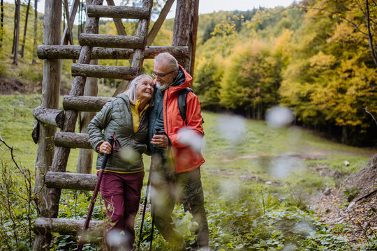 Happy senior couple hiking in autumn forest near hunting high seat.