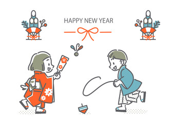 お正月に和服で遊ぶ子供たち　シンプルでお洒落な線画イラスト