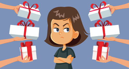 Ungrateful Girl Not liking her Presents Vector Cartoon Illustration. Entitled demanding little child disappointed in all the gifts she got
