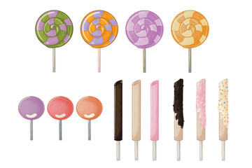 Set of colorful lollipops and candy bars are perfect for kids. Watercolor style vector illustration. Elements to decorate on festivals or important days such as birthdays, Halloween, etc.