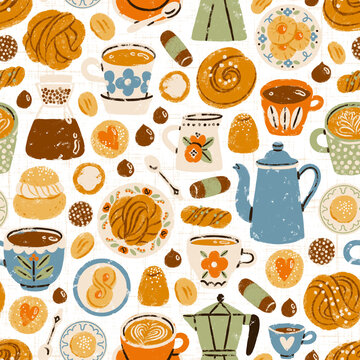 Its fika time, tasty desserts pattern illustration