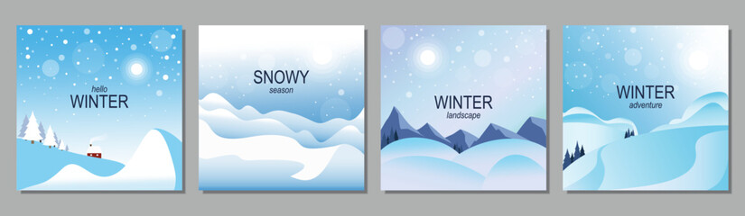 Vector flat illustration of winter landscape. Snowy winter, snowdrifts, snowfall, mountains. Design elements for poster, book cover, brochure, magazine, flyer, booklet.