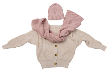 A beige sweater and a pink scarf with a knitted hat are laid out like a person with outstretched arms, isolate
