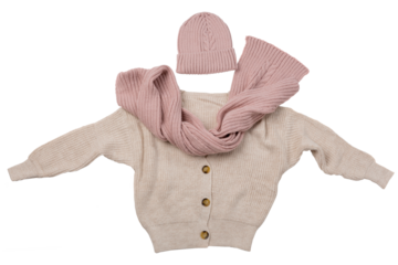 A beige sweater and a pink scarf with a knitted hat are laid out like a person with outstretched arms, isolate