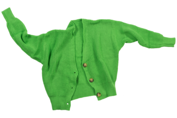 Green knitted sweater with buttons, laid out as if levitating , isolate