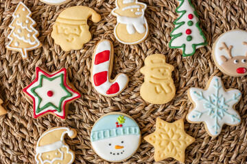 Merry Christmas with homemade cookies on wood table background. Xmas, party, holiday and happy New Year concept