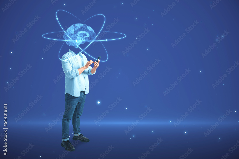 Aufkleber creative blue atom brain head man using smartphone on blurry background with mock up place. neurolog