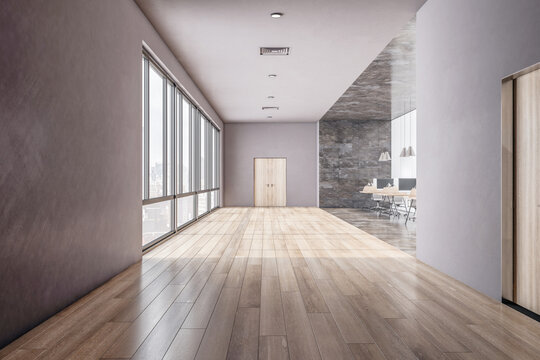 Front view on light wooden door in sunlit light office with grey walls, big windows, wooden floor and stylish workplaces with modern computers in dark marble niche. 3D rendering