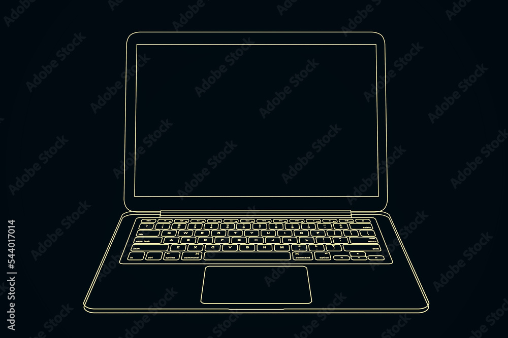 Poster digital graphic glowing retro wireframe laptop illustration isolated on black background. 3d renderi