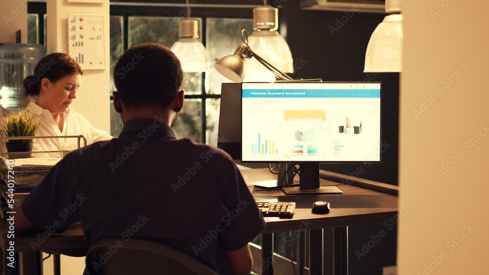 Poster corporate employee working with executive sales on computer to plan startup presentation during suns