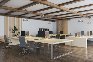 Contemporary loft concrete and wooden coworking interior with various pieces of furniture, equipment and items. Commercial workplace concept. 3D Rendering.