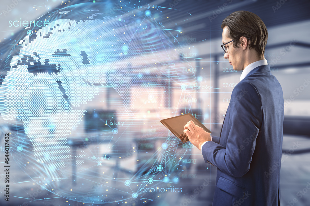 Poster businessman using tablet with glowing planet earth globe hologram with polygonal points on blurry of