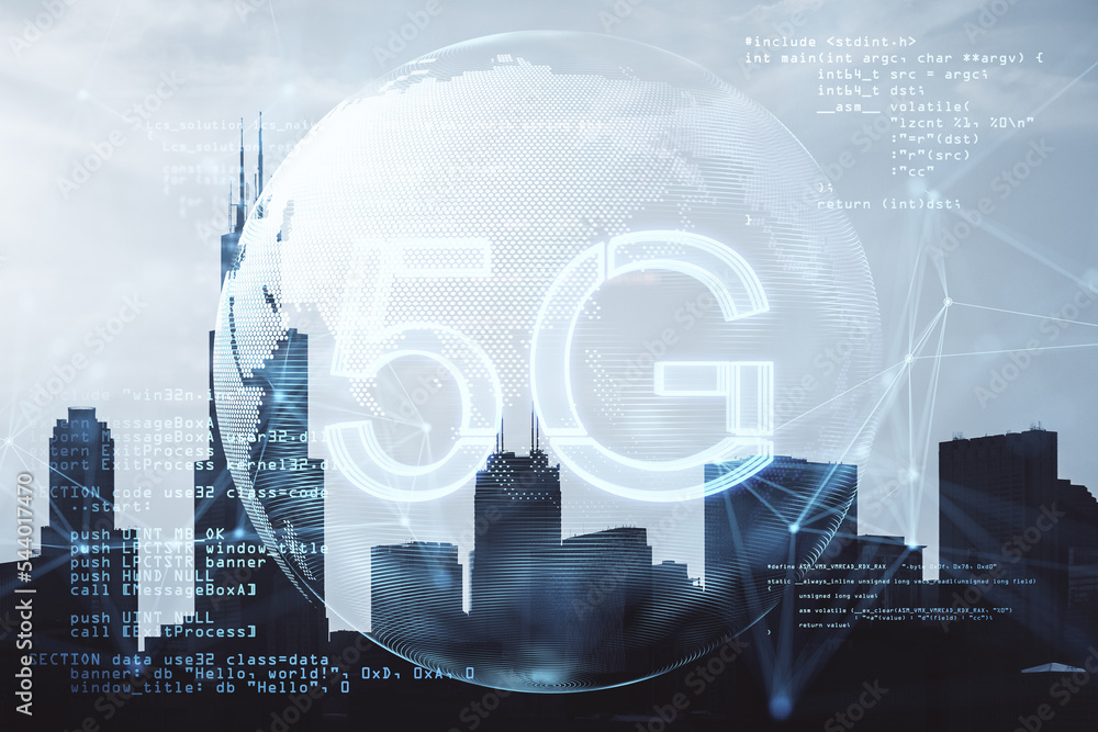 Aufkleber glowing planet earth globe hologram with 5G and index graph on blurry city background. Mobile internet network, speed and signal. Double exposure.