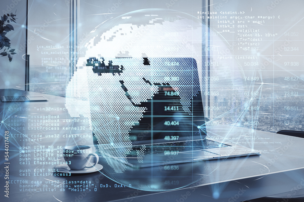 Poster laptop and coffee cup on desktop with glowing planet earth globe hologram with polygonal points on b