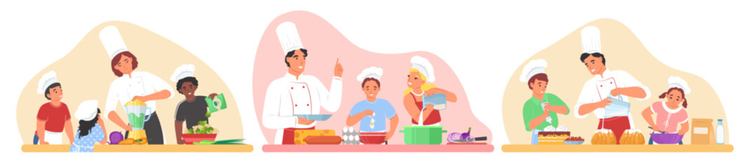 Kids cooking course vector scene isolated set