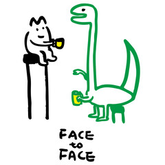 Coffee time friends, Cat and Dinosaur at cafe, Face to face vector image 