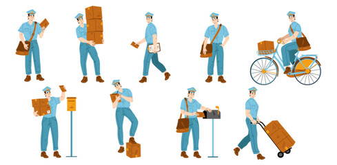 Fototapeta premium Set of postman characters delivering mail, flat vector illustration on white background. Mailman putting letters in mailbox, carrying parcels, riding bicycle, using trolley to move boxes. Occupation