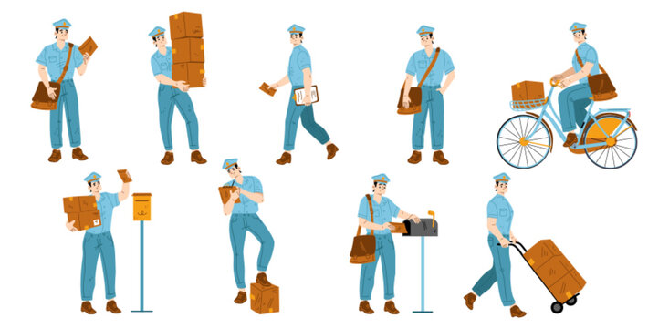 Set of postman characters delivering mail, flat vector illustration on white background. Mailman putting letters in mailbox, carrying parcels, riding bicycle, using trolley to move boxes. Occupation