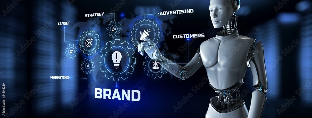 Poster brand concept. robot pressing button on screen 3d render.