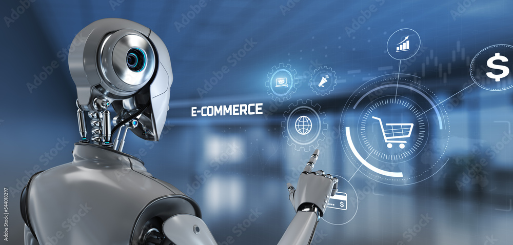 Poster e-commerce online shopping. robot pressing button on screen 3d render.