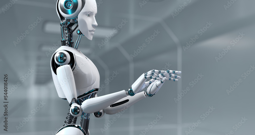 Poster robot cyborg 3d render innovation technology robotisation.