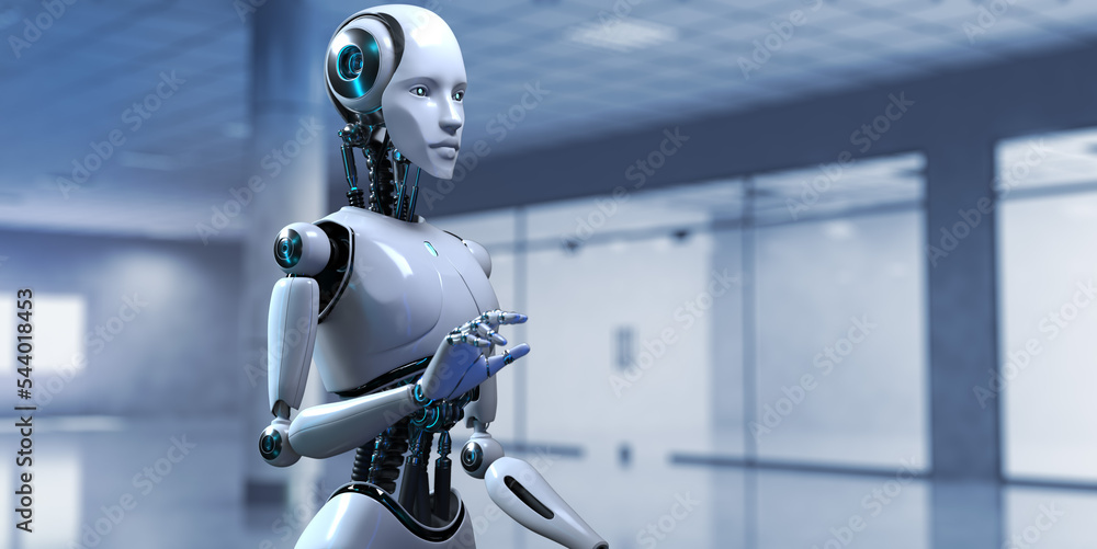 Aufkleber robot cyborg 3d render on blurred background. innovation technology robotisation.