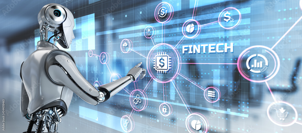 Poster fintech financial technology concept on virtual screen. 3d render robot pressing button.