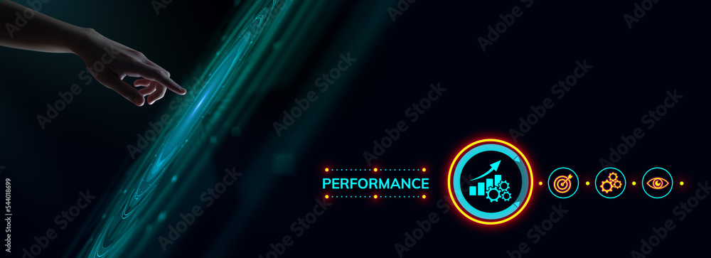 Poster performance productivity kpi business development concept. hand pressing button on virtual screen.