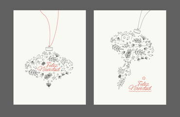 Christmas Postcard on a Spanish language. feliz navidad Xmas tree bauble for postcard and invitation