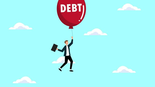 Businessman flying with debt balloon
