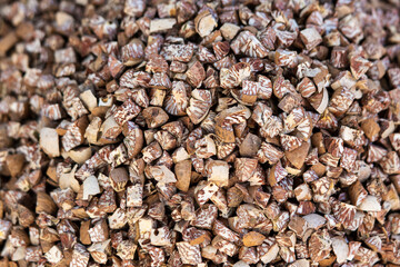 The cut Betel nut or Areca catechu was dry by the sunshine for eating.