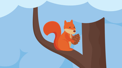 Squirrel holding a cone sitting on a tree branch in winter