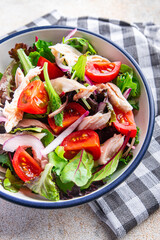 chicken breast salad tomato, green lettuce, onion healthy meal food snack on the table copy space food background 