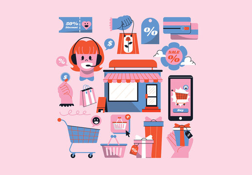 Pink Flat Design Happy Shopping Asset Illustration