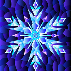 Illustration in stained glass style with an openwork snowflake on a blue background, square image