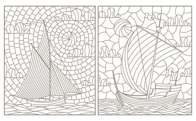 A set of contour illustrations of stained glass Windows with old sailing ships, dark contours on a white background