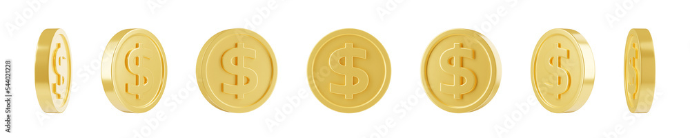 Poster 3d render gold coin rotate animation sprite sheet. golden dollar or token chip flip animated rotatio