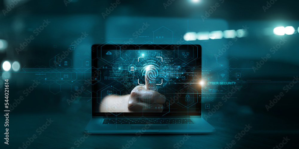Aufkleber Cyber security, Technology safety of future and Biometric identification on internet, Fingerprint scan provides access of security and identification of business, Banking and finance, Cloud computing.