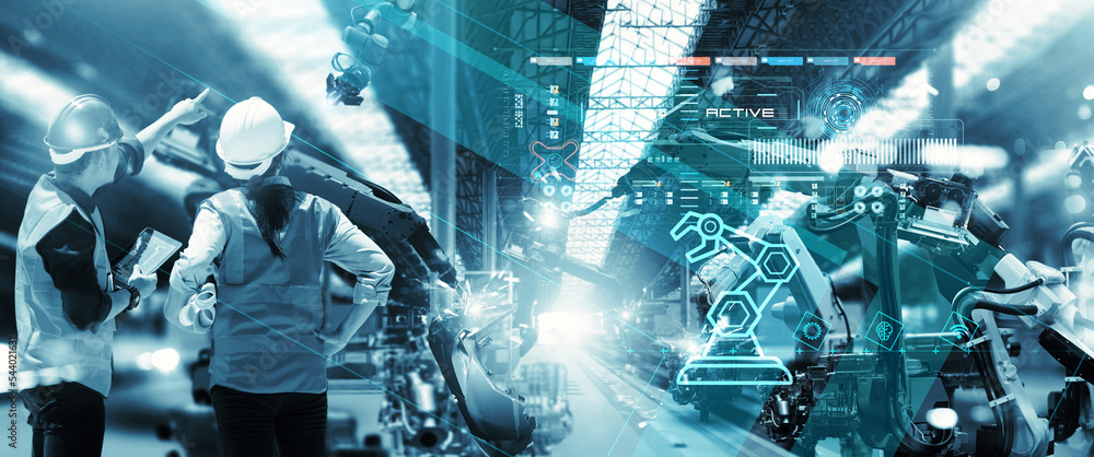 Leinwandbilder Industry 4.0 modern factory, Project Manager and female engineer  checking and analysis of robotics working in intelligent factory automotive industrial with monitoring system software. Blue tone.
