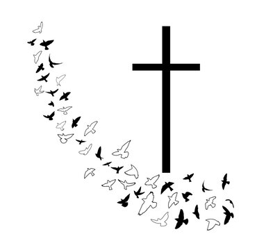 Dove flying with a Symbol of Religion. Cross. Dove Of Peace. No war. Freedom to Ukraine . Vector illustration.
