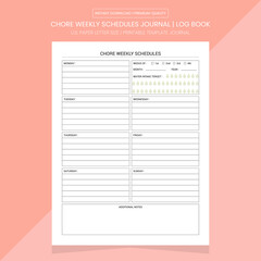 Chore Weekly Schedules Journal | Chore Diary Log  | NoteBook Printable Template