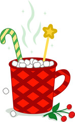 Hot chocolate with Christmas lollipops and marshmallows in a red cup. Vector illustration. Merry Christmas and Happy New Year cup with sweets. Cartoon-style illustration.Elements of vector design.